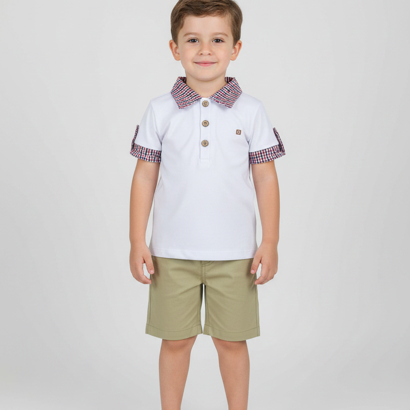 Conjunto Infantil Masculino Piemonte Polo com Gola Xadrez e Bermuda Bege — foto 1