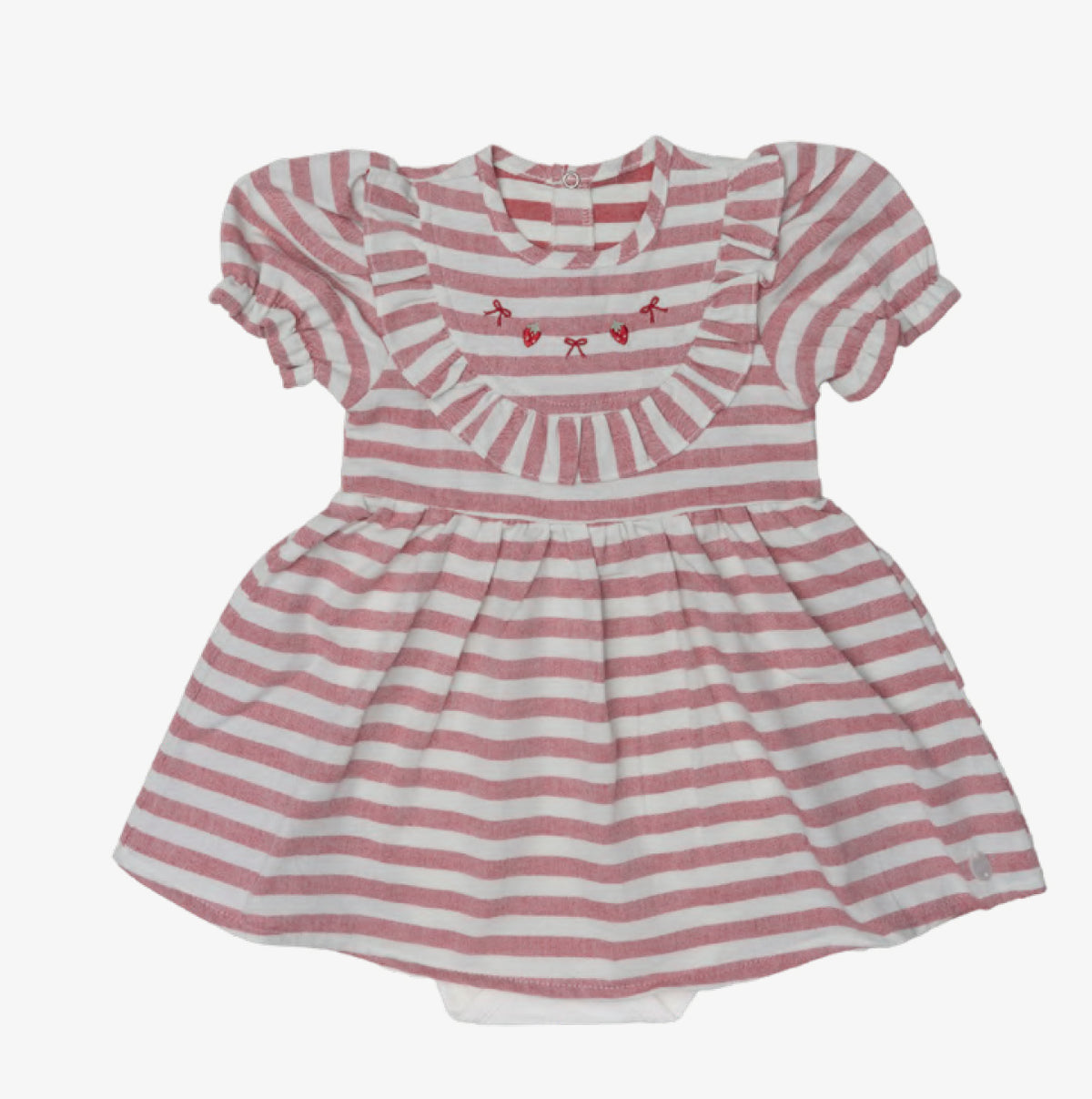 Body Vestido Bebê Listrado Rosa Bordado Moranguinhos