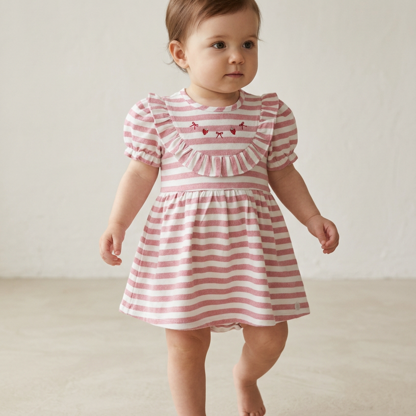 Body Vestido Bebê Listrado Rosa Bordado Moranguinhos