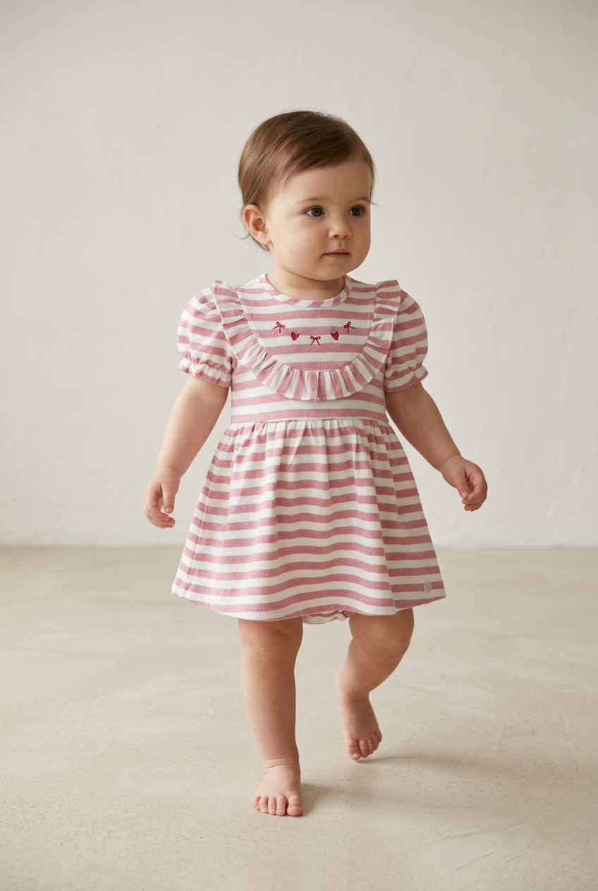 Body Vestido Bebê Listrado Rosa Bordado Moranguinhos