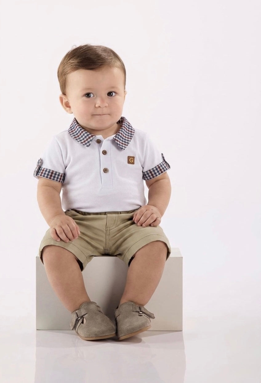 Conjunto Infantil Piemonte com Bermuda Bege e Body Branco com Gola Xadrez — foto 1