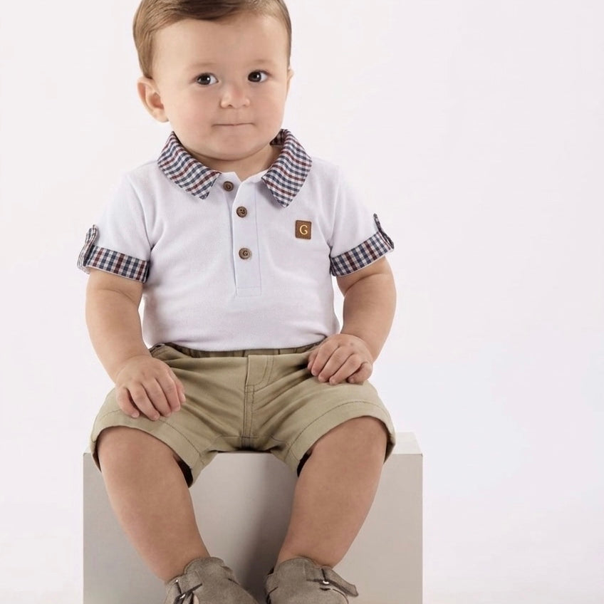 Conjunto Infantil Piemonte com Bermuda Bege e Body Branco com Gola Xadrez — foto 1