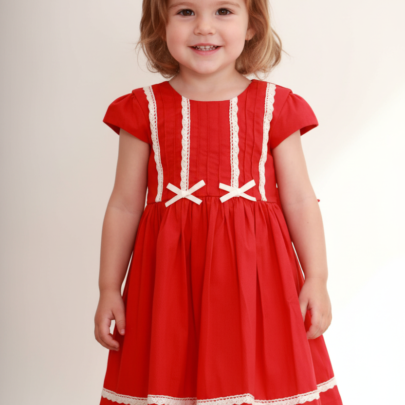 Vestido Infantil Letizia em Fustão com Renda e Nervuras Vermelho