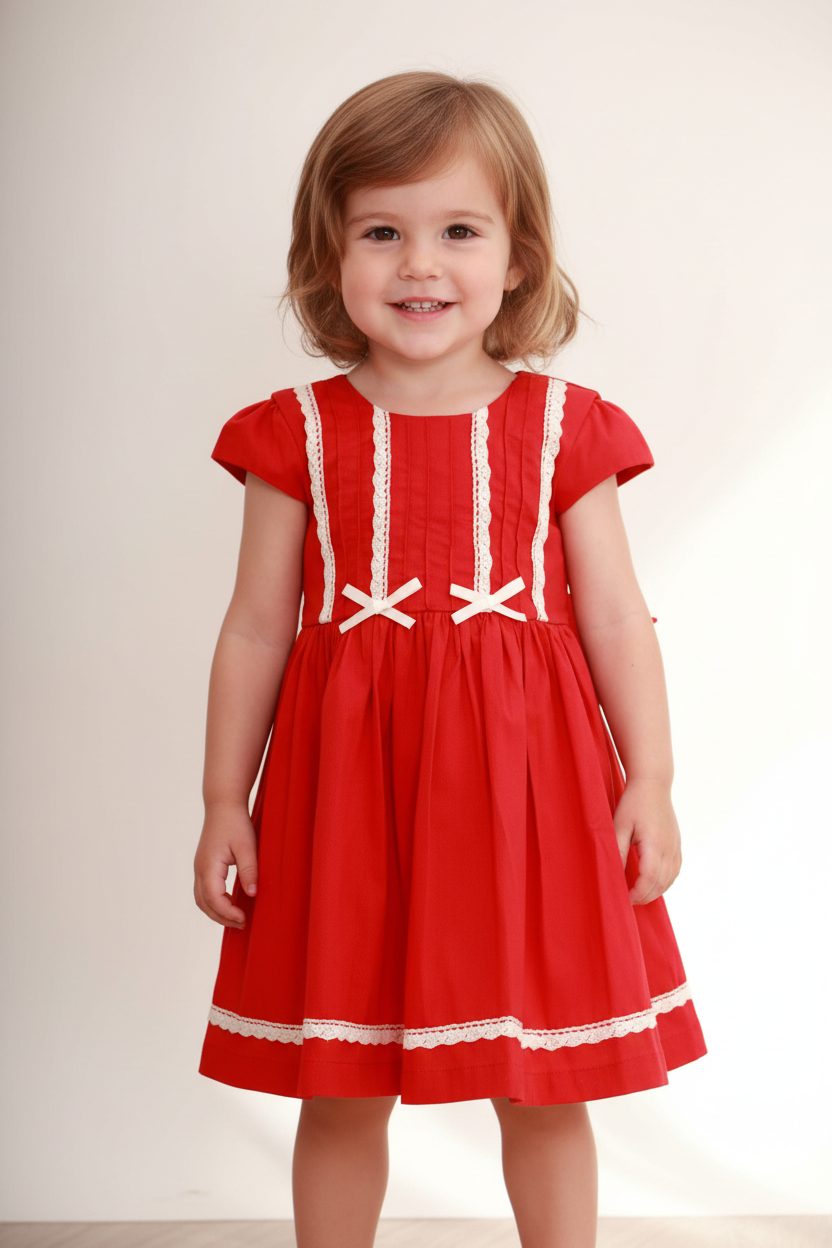 Vestido Infantil Letizia em Fustão com Renda e Nervuras Vermelho