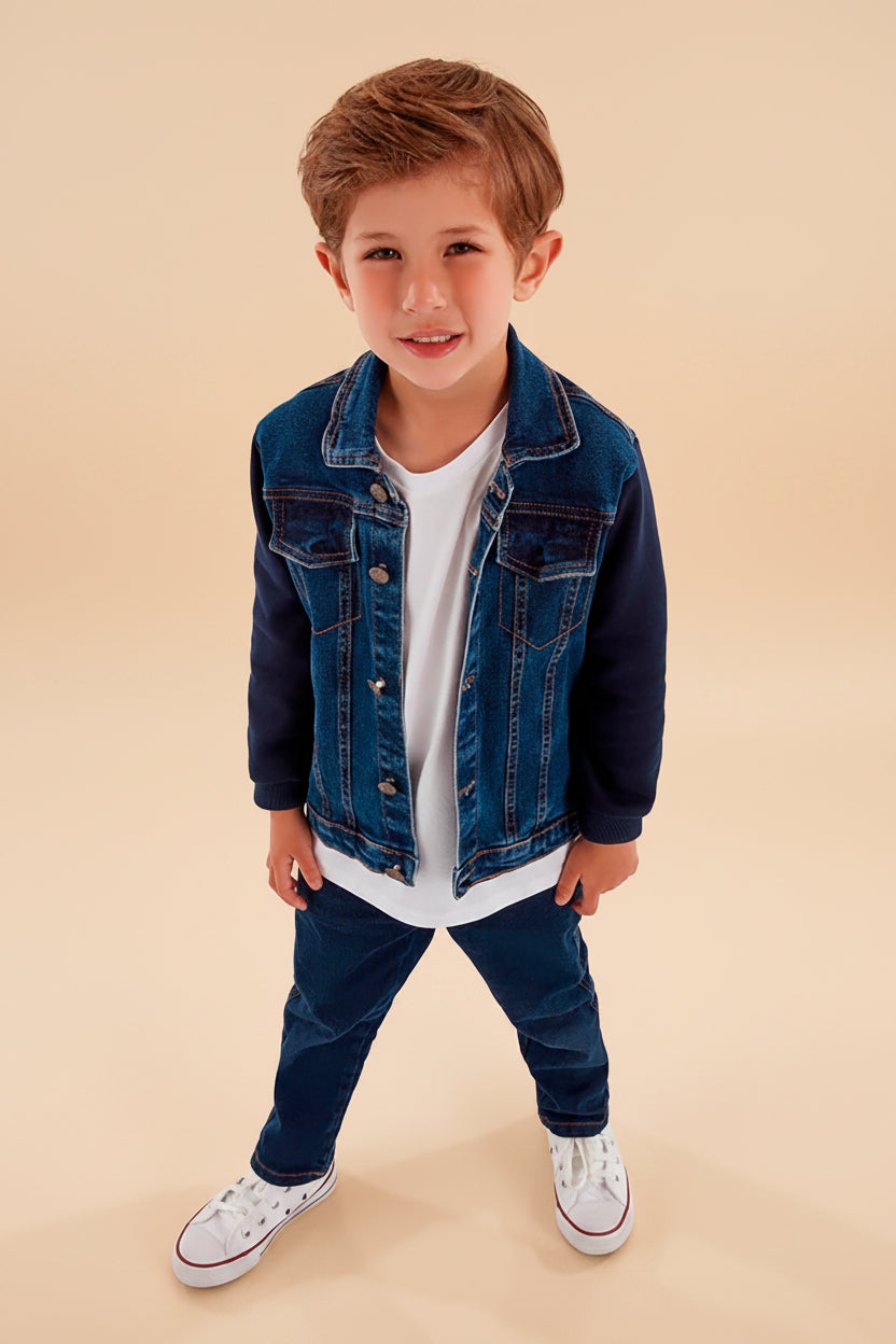 Jaqueta Infantil Jeans com Mangas em Moletom — foto 1