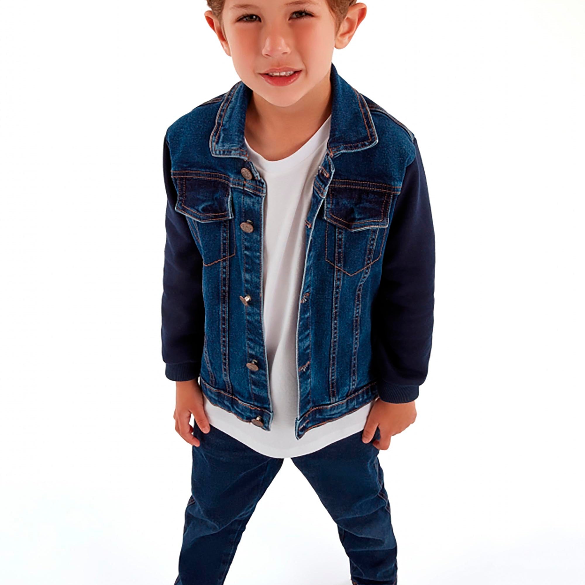 Jaqueta Infantil Jeans com Mangas em Moletom — foto 1
