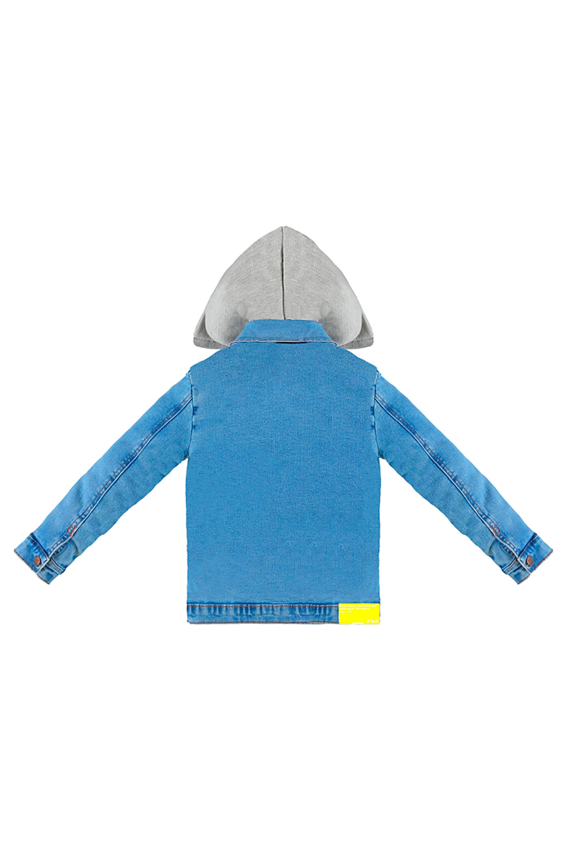 Jaqueta Infantil Jeans Azul Lavado com Capuz em Moletom Mescla — foto 3