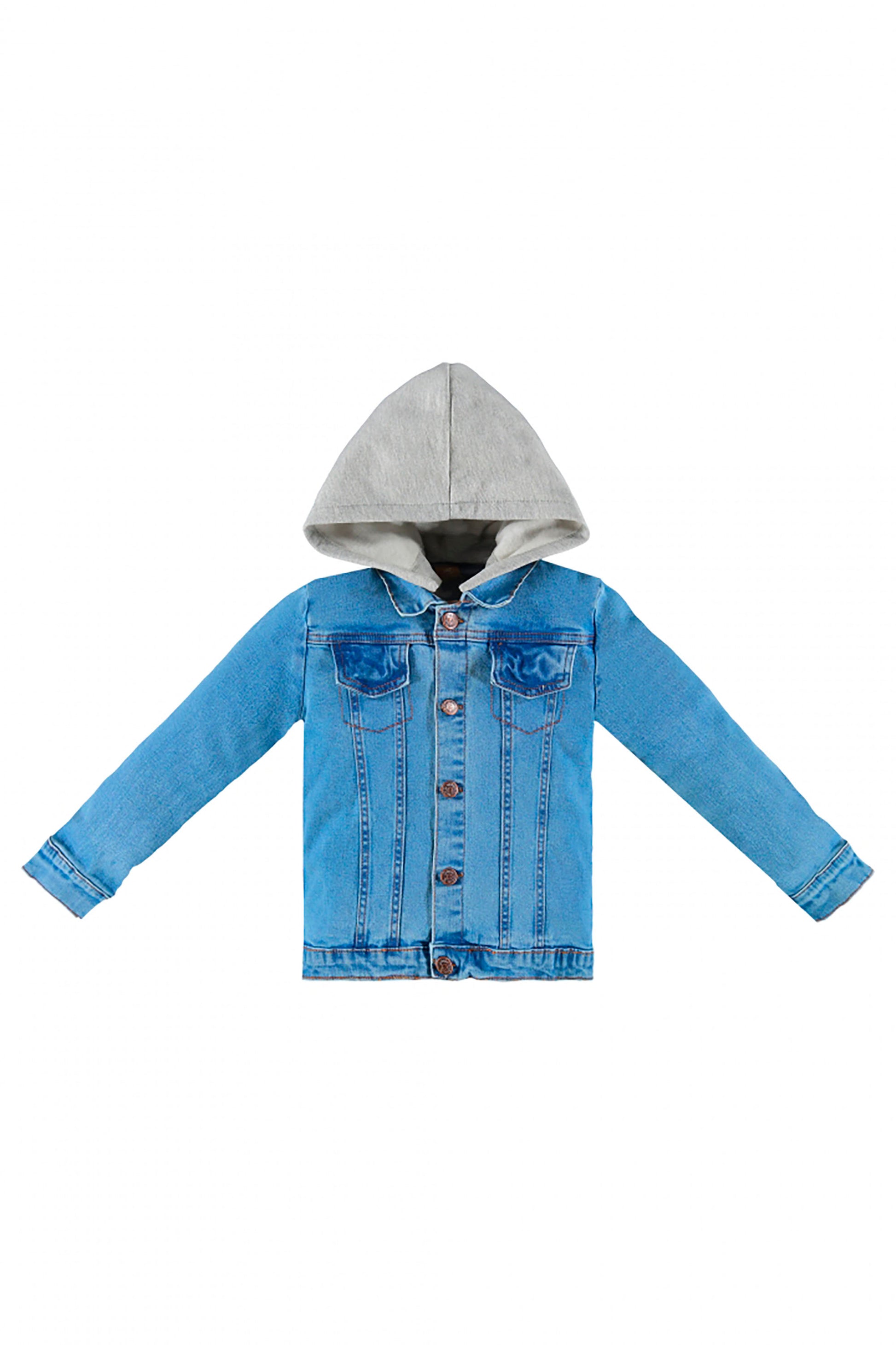 Jaqueta Infantil Jeans Azul Lavado com Capuz em Moletom Mescla — foto 2
