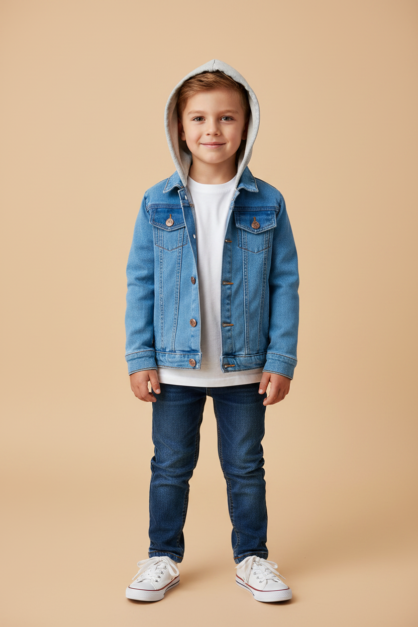 Jaqueta Infantil Jeans Azul Lavado com Capuz em Moletom Mescla