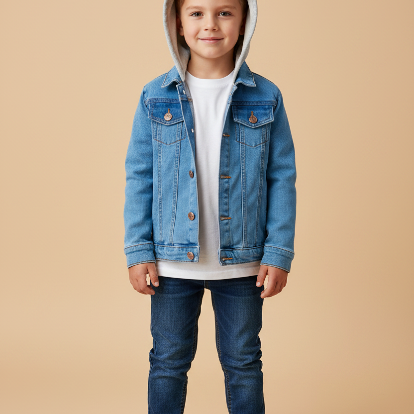 Jaqueta Infantil Jeans Azul Lavado com Capuz em Moletom Mescla