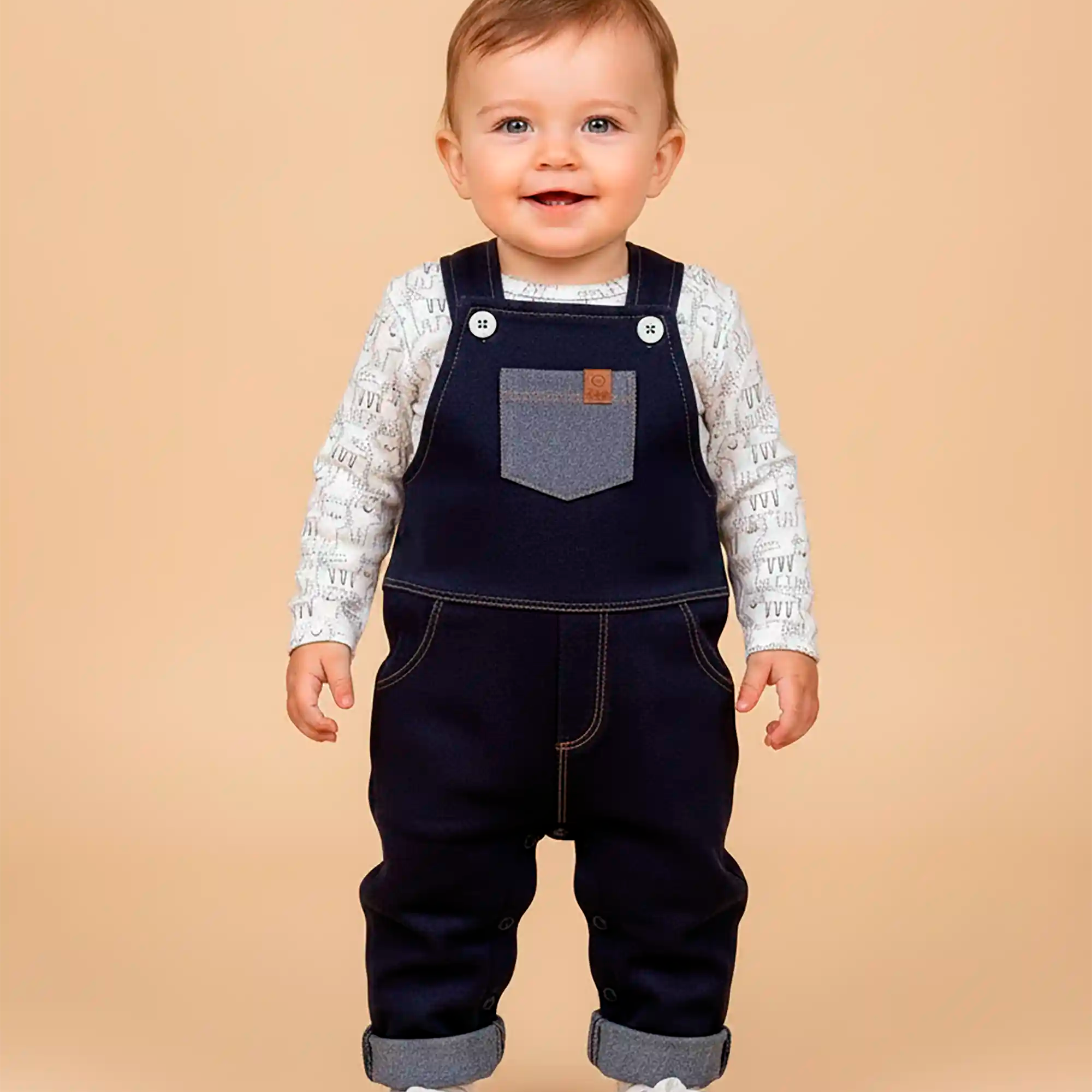 Jardineira para Bebê Menino Moletinho Jeans e Body Estampa Tigre