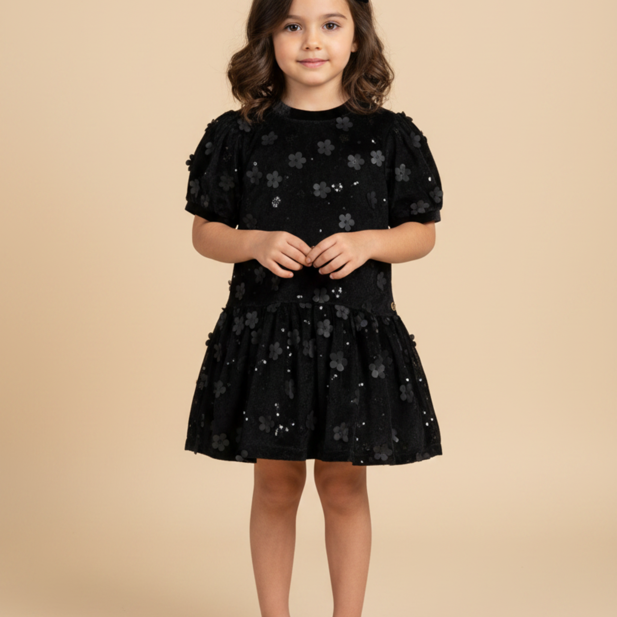 Vestido Infantil Veludo Preto Floral