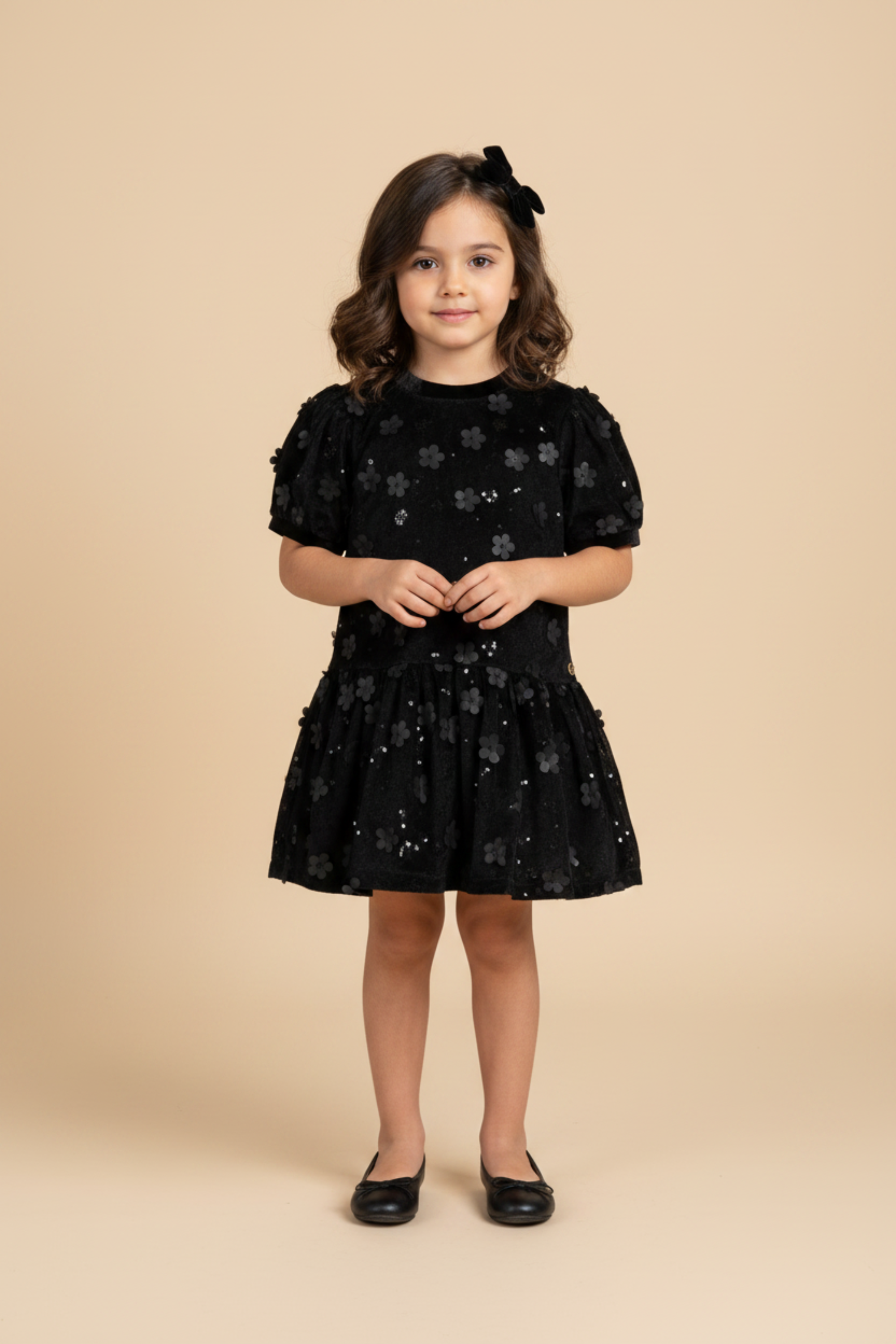Vestido Infantil Veludo Preto Floral