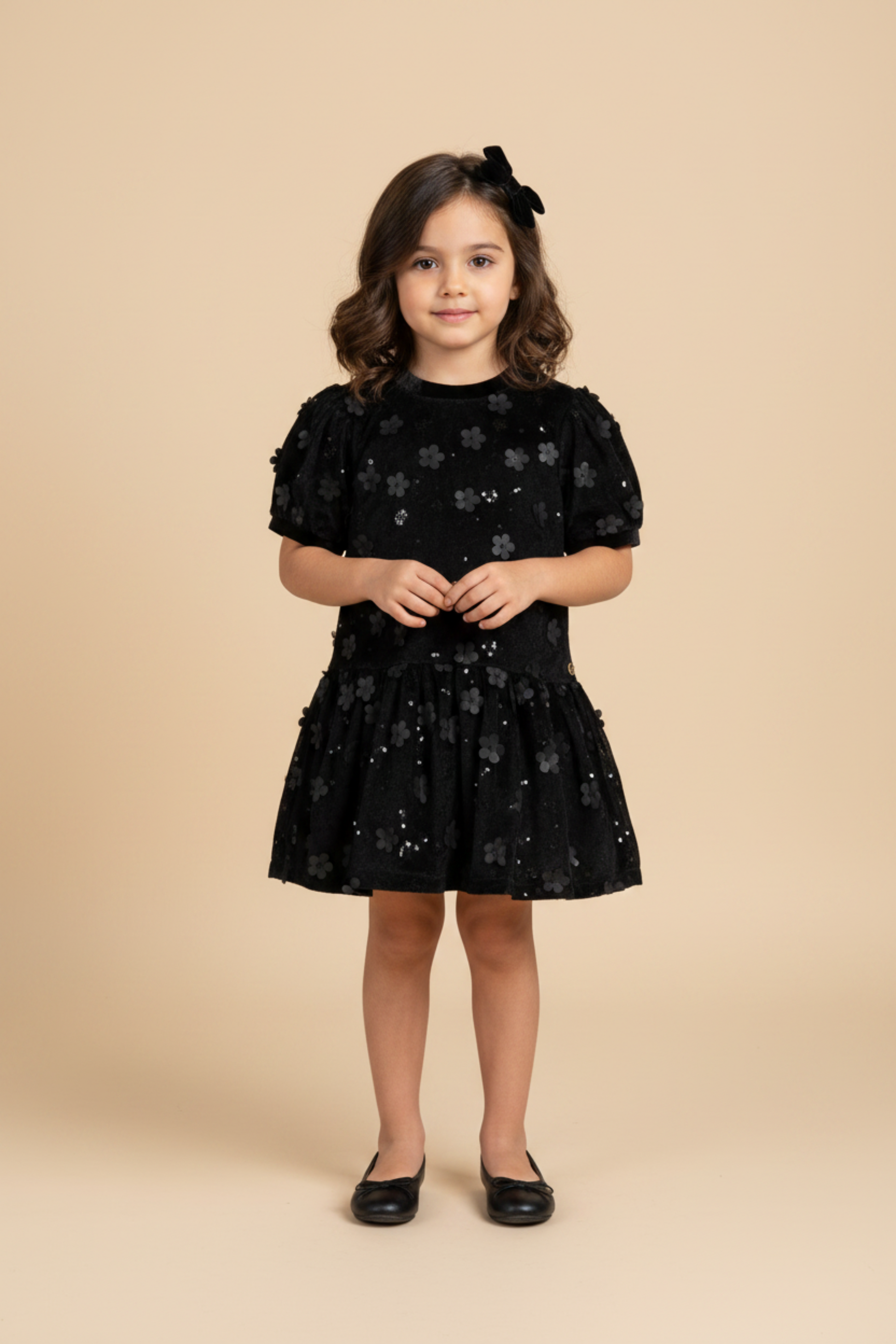 Vestido Infantil Veludo Preto Floral