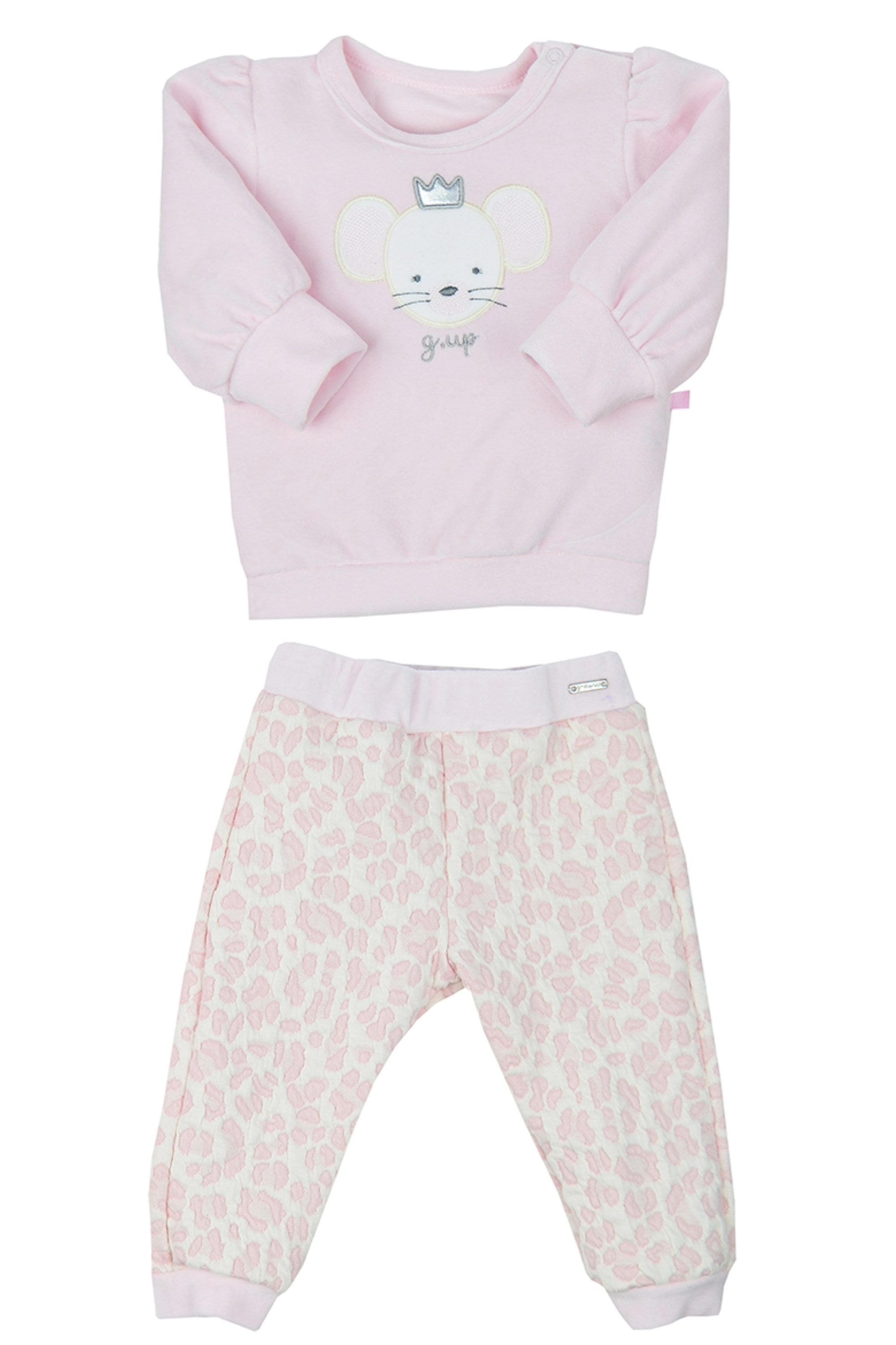 Conjunto Bebê Menina Estampa Ratinha com Calça Malha Jacquard Rosa — foto 1