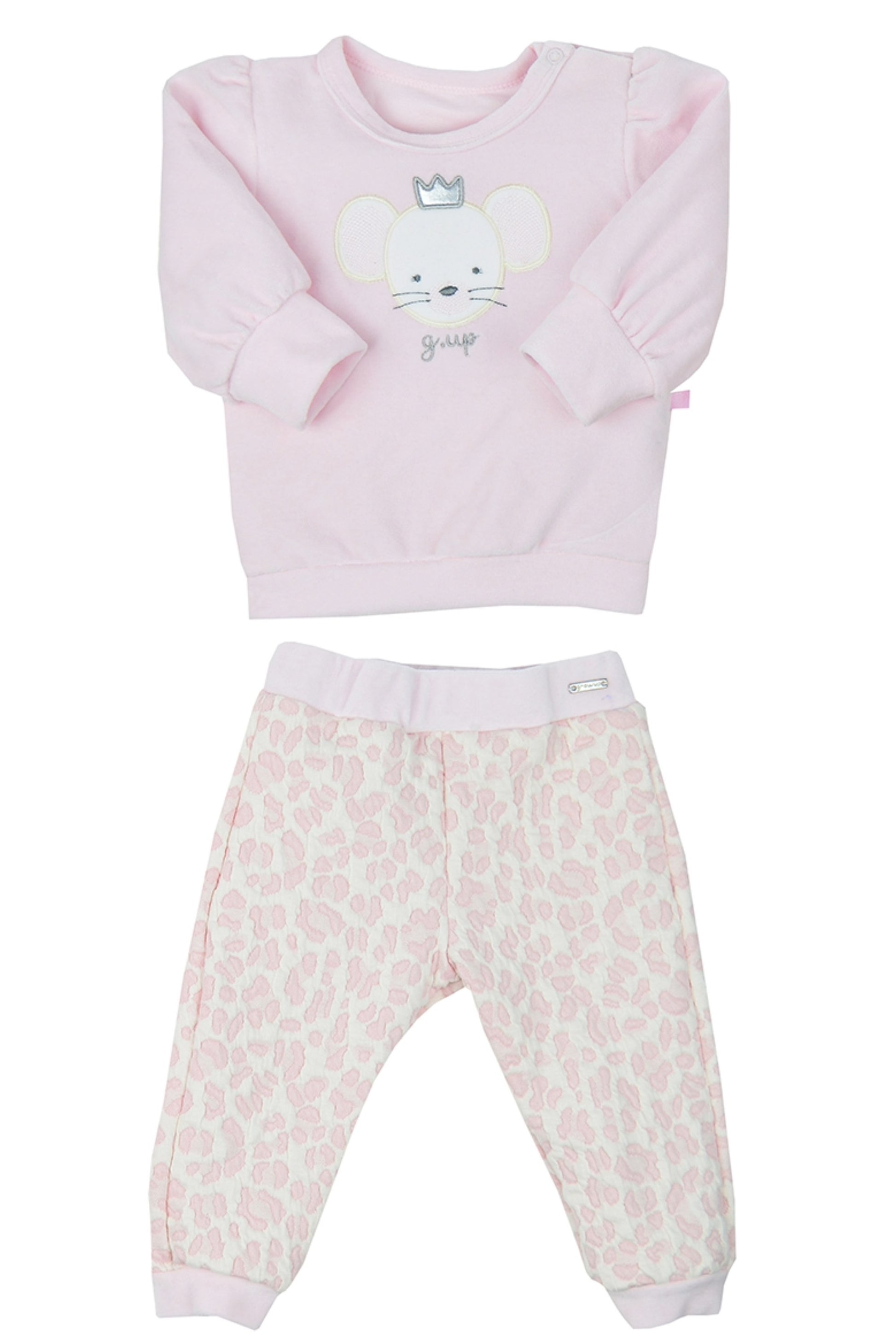 Conjunto Bebê Menina Estampa Ratinha com Calça Malha Jacquard Rosa — foto 1
