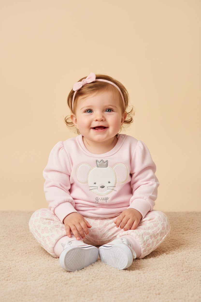 Conjunto Bebê Menina Estampa Ratinha com Calça Malha Jacquard Rosa