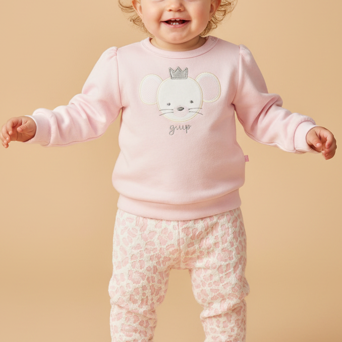 Conjunto Bebê Menina Estampa Ratinha com Calça Malha Jacquard Rosa