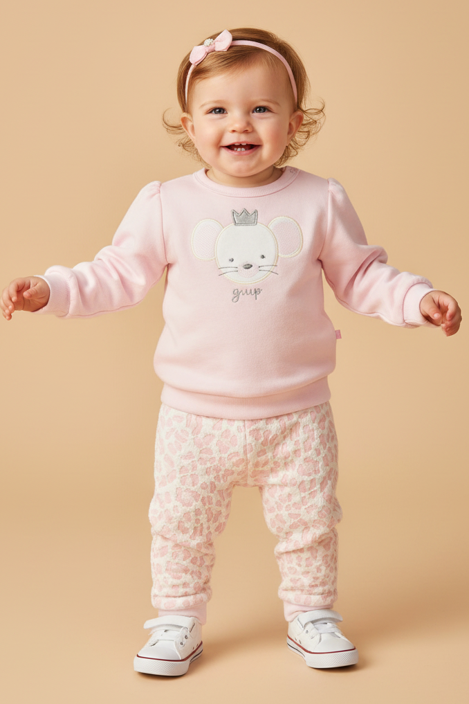 Conjunto Bebê Menina Estampa Ratinha com Calça Malha Jacquard Rosa