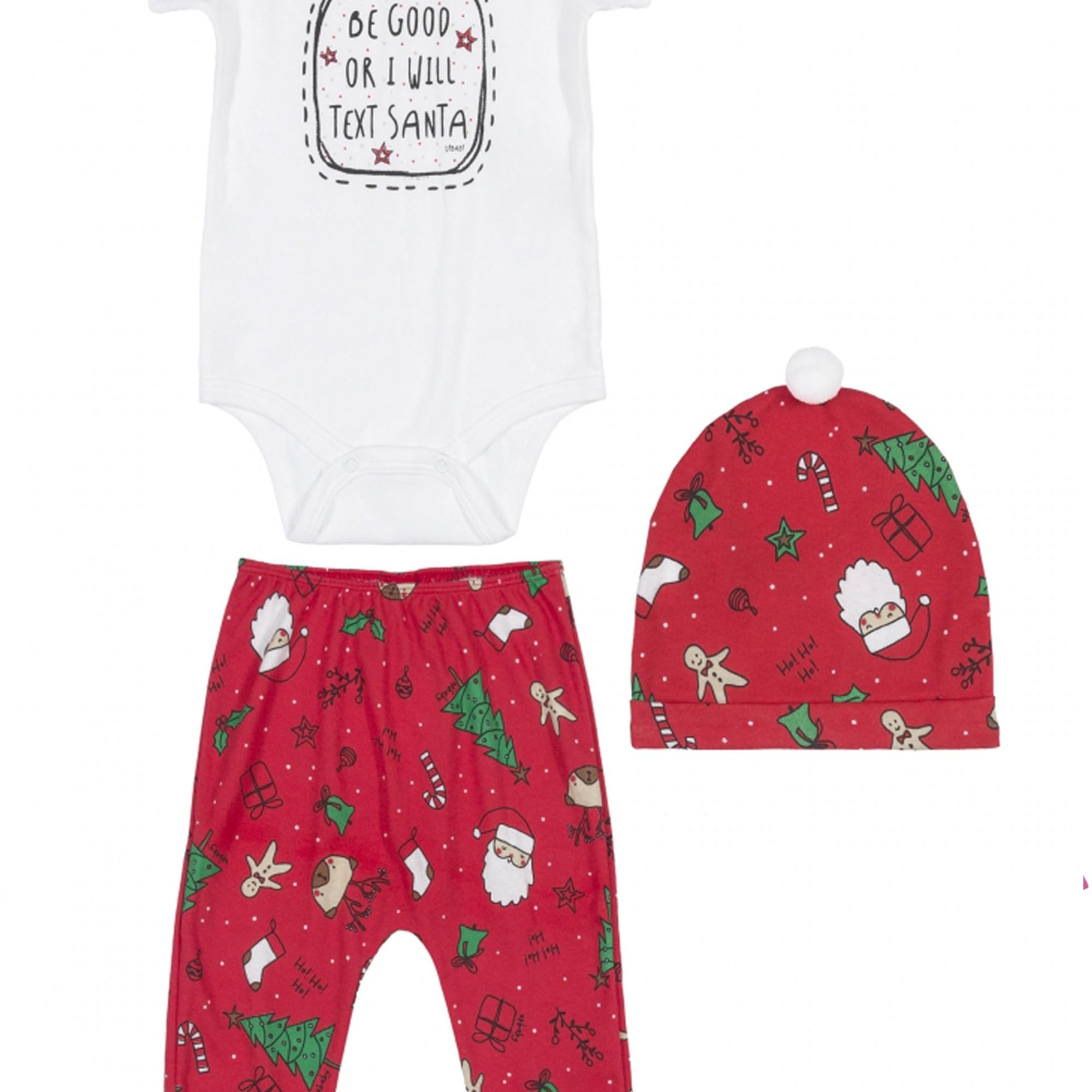 Kit Natal Body Manga Curta Calça Estampada e Gorro — foto 1