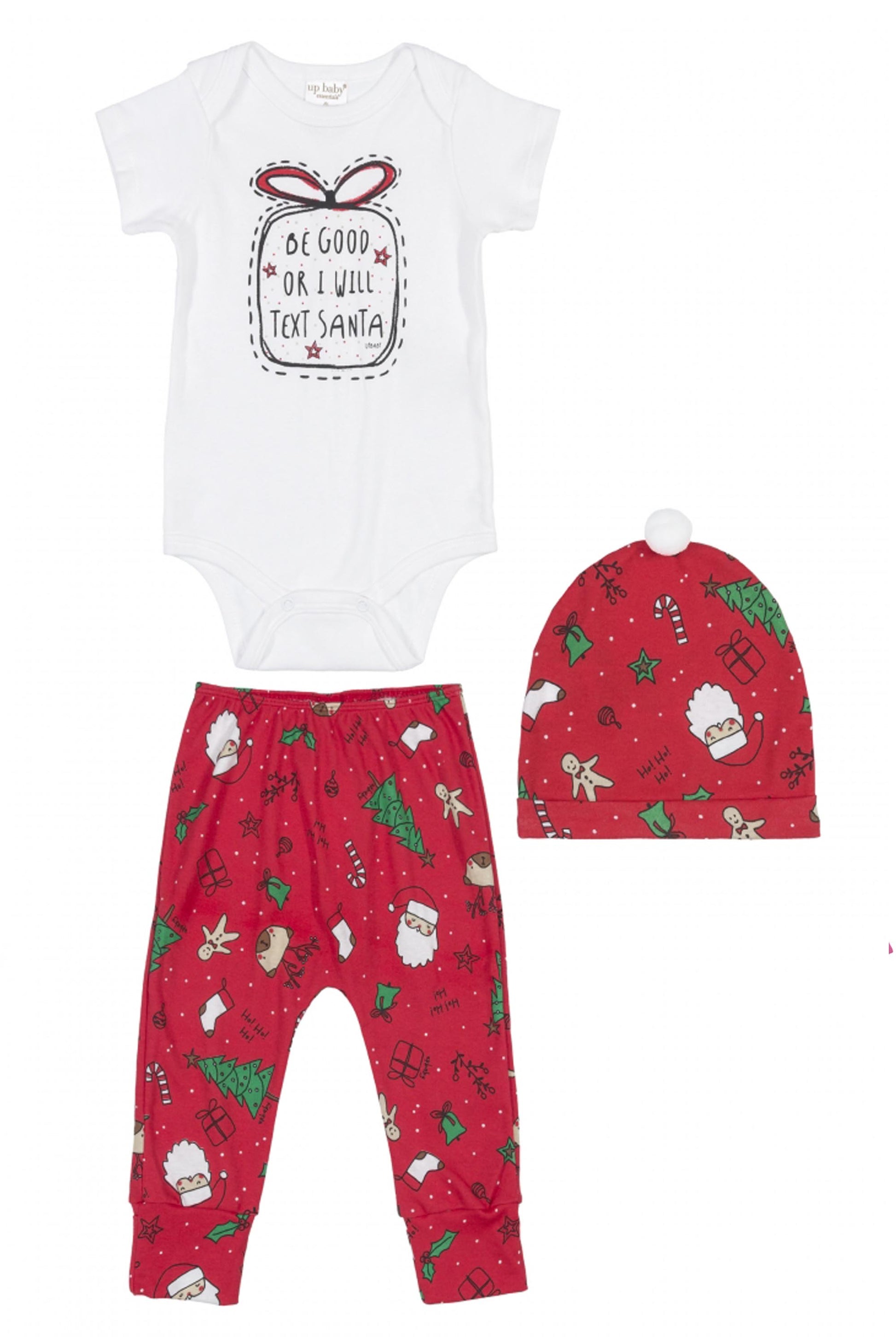Kit Natal Body Manga Curta Calça Estampada e Gorro — foto 1