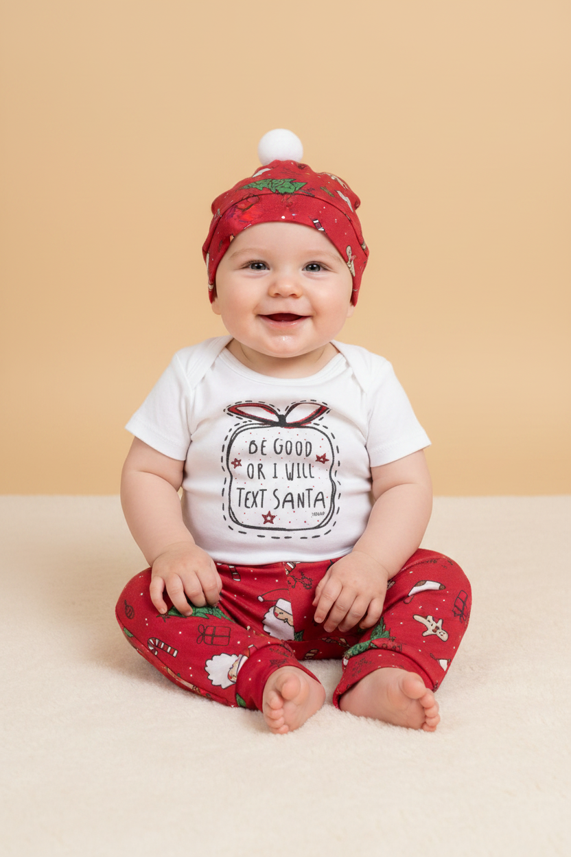 Kit Natal Body Manga Curta, Calça Estampada e Gorro