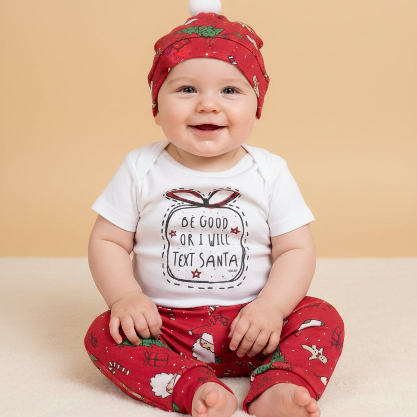 Kit Natal Body Manga Curta, Calça Estampada e Gorro