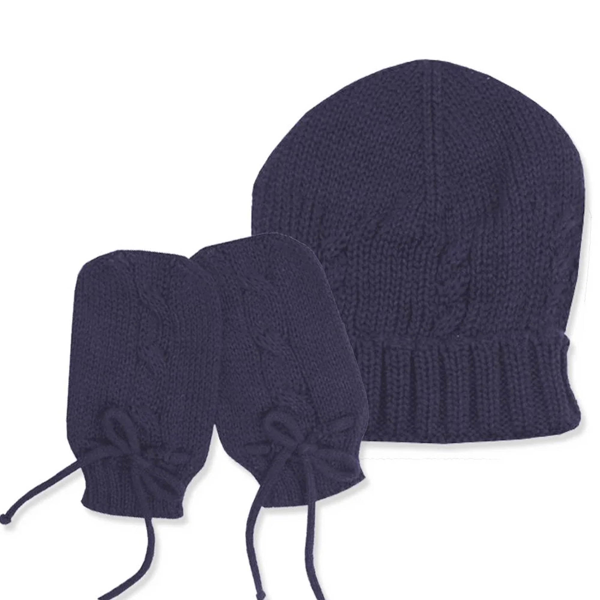Kit de Gorro e Luva em Tricô para Recém Nascido Cor Azul Marinho — foto 1