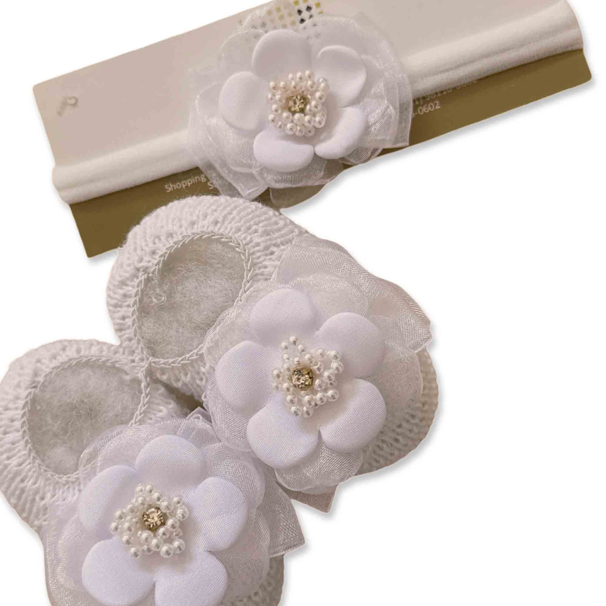 Kit Sapatinho de Tricô Branco e Faixa para Bebê Branco — foto 1