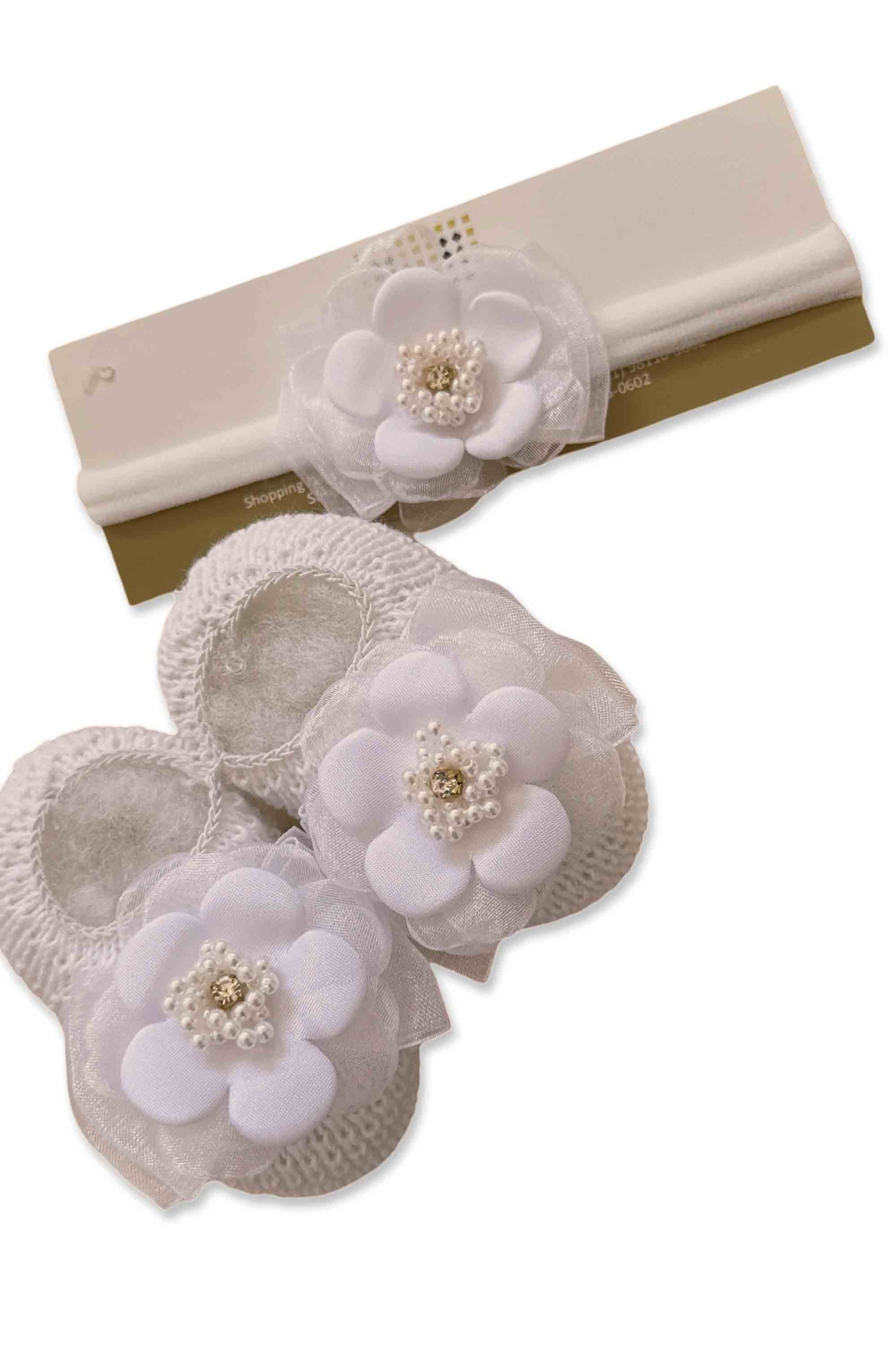 Kit Sapatinho de Tricô Branco e Faixa para Bebê Branco — foto 1