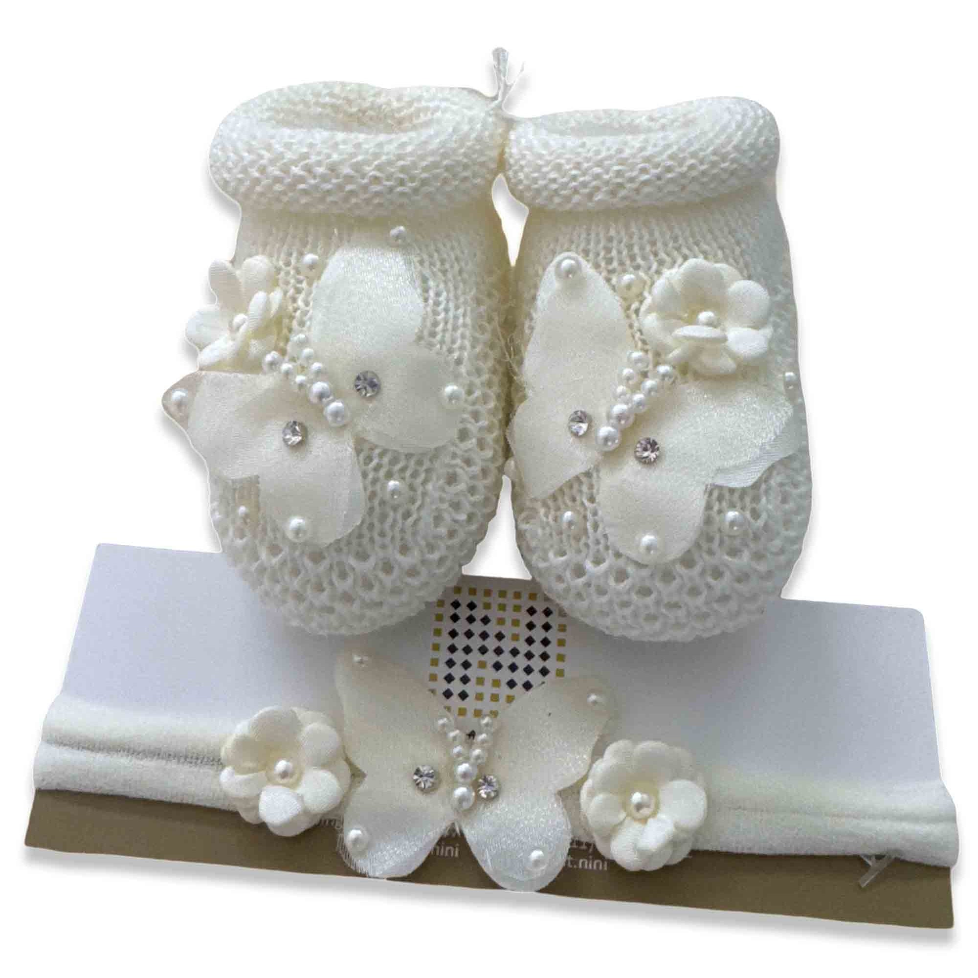 Kit de Sapatinho de Tricô e Faixa para Bebê Off White — foto 1