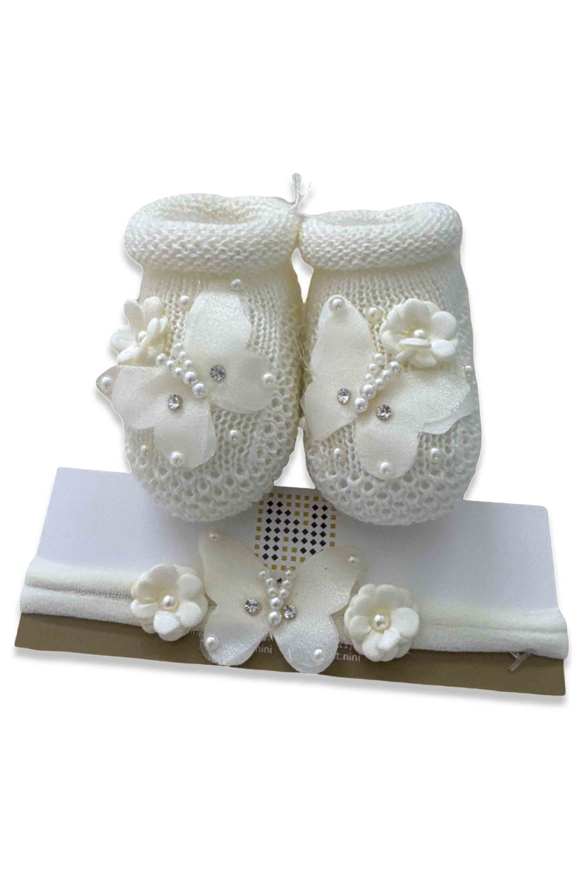 Kit de Sapatinho de Tricô e Faixa para Bebê Off White — foto 1