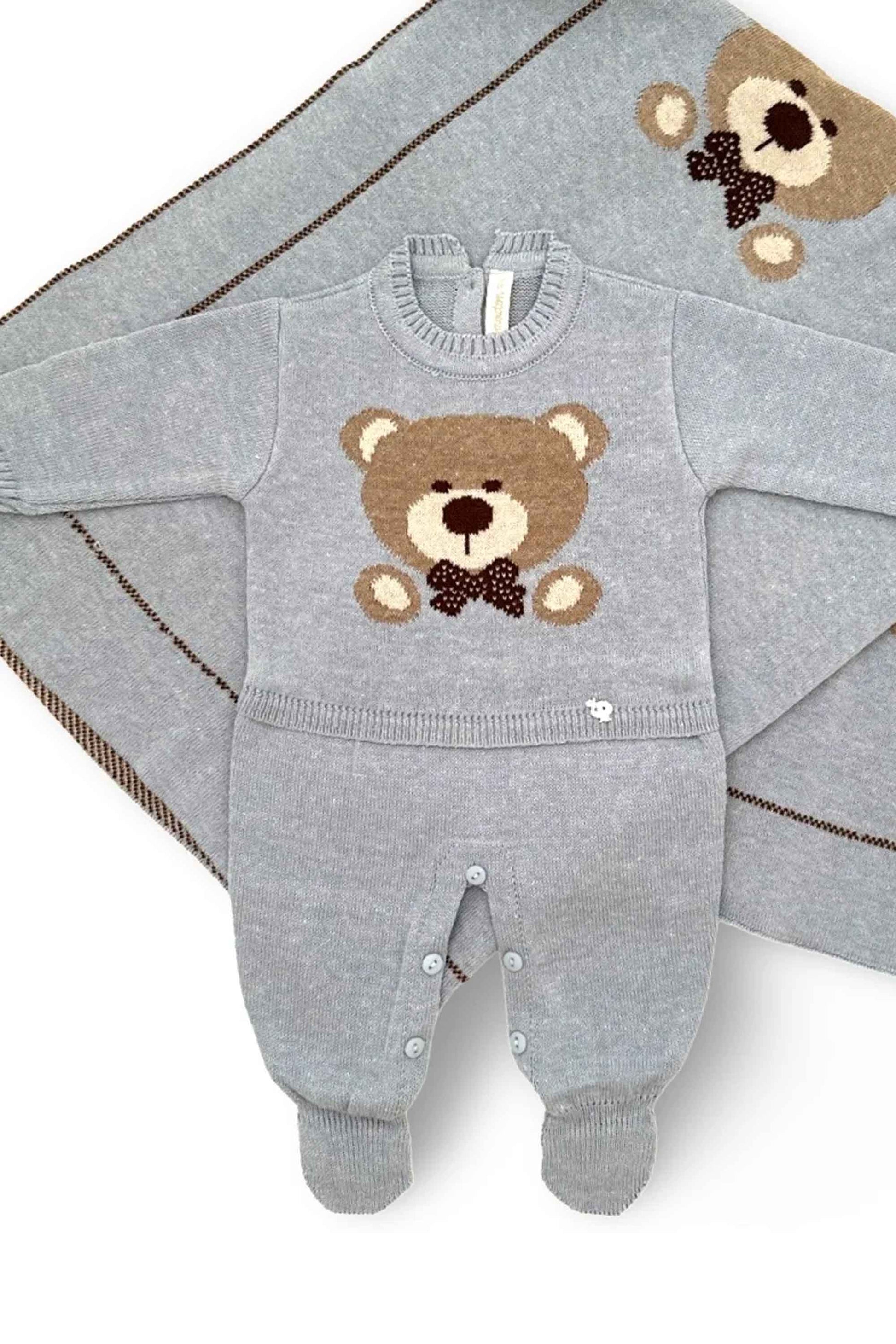 Macacão para Maternidade em Tricô Urso Azul Mescla — foto 4
