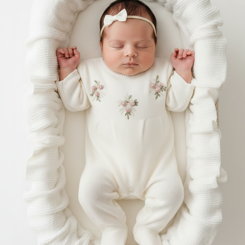 Macacão Maternidade Tricot Bordado Flor Bouquet Cecilia Off White