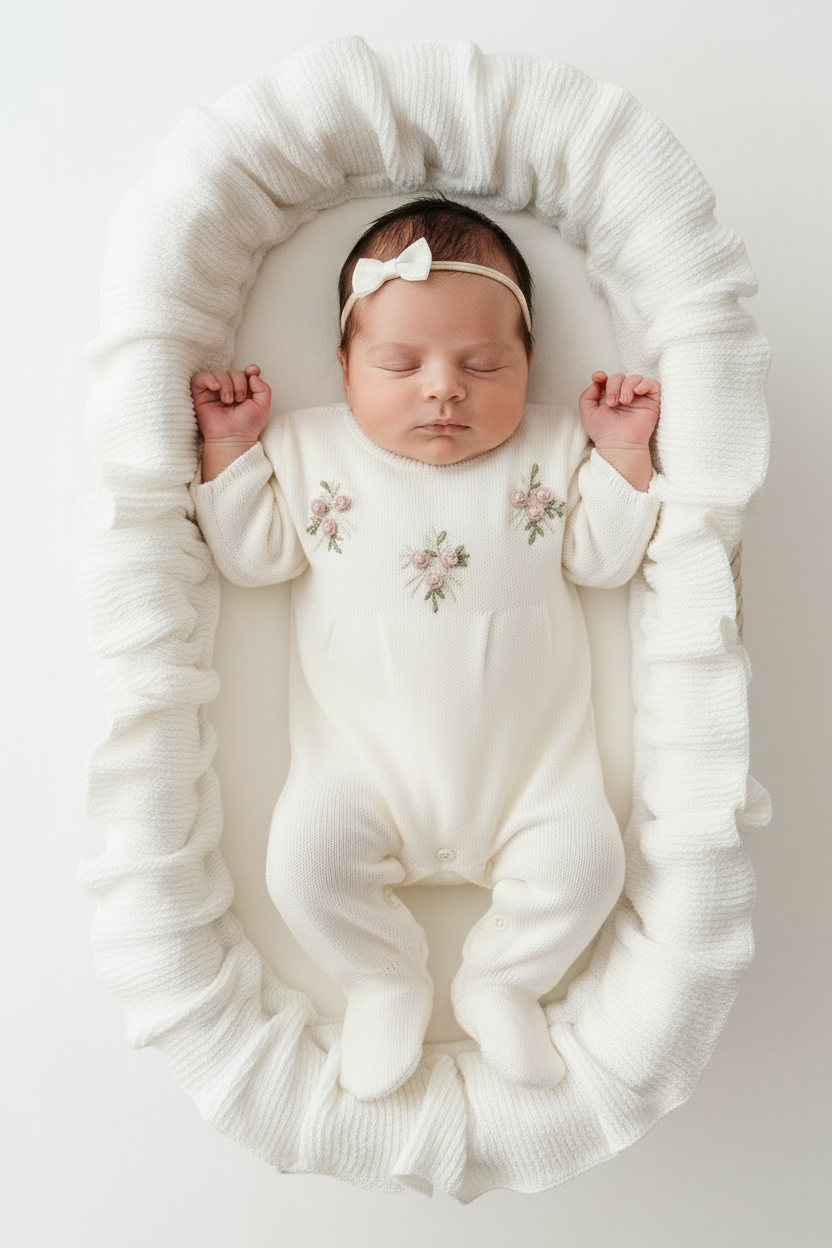 Macacão Maternidade Tricot Bordado Flor Bouquet Cecilia Off White