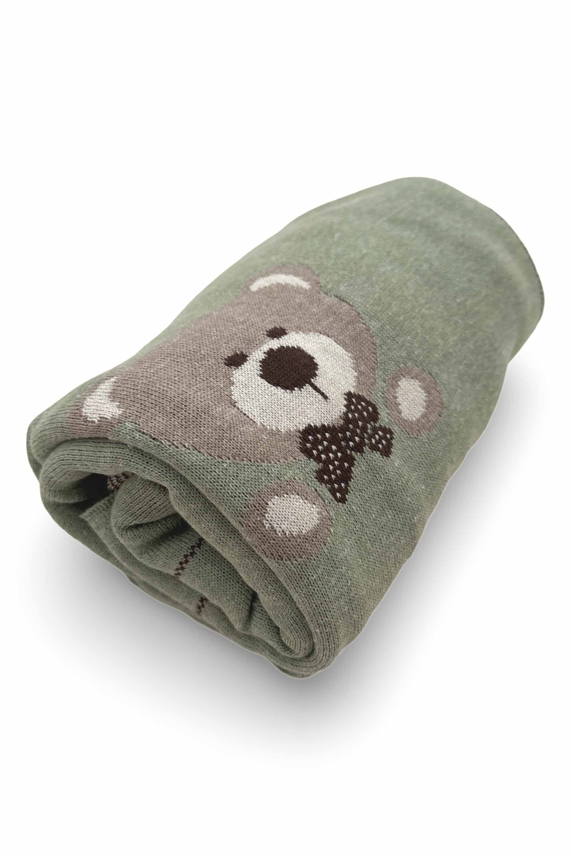 Manta em Tricô para Maternidade Urso Jacquard Verde Mescla — foto 2