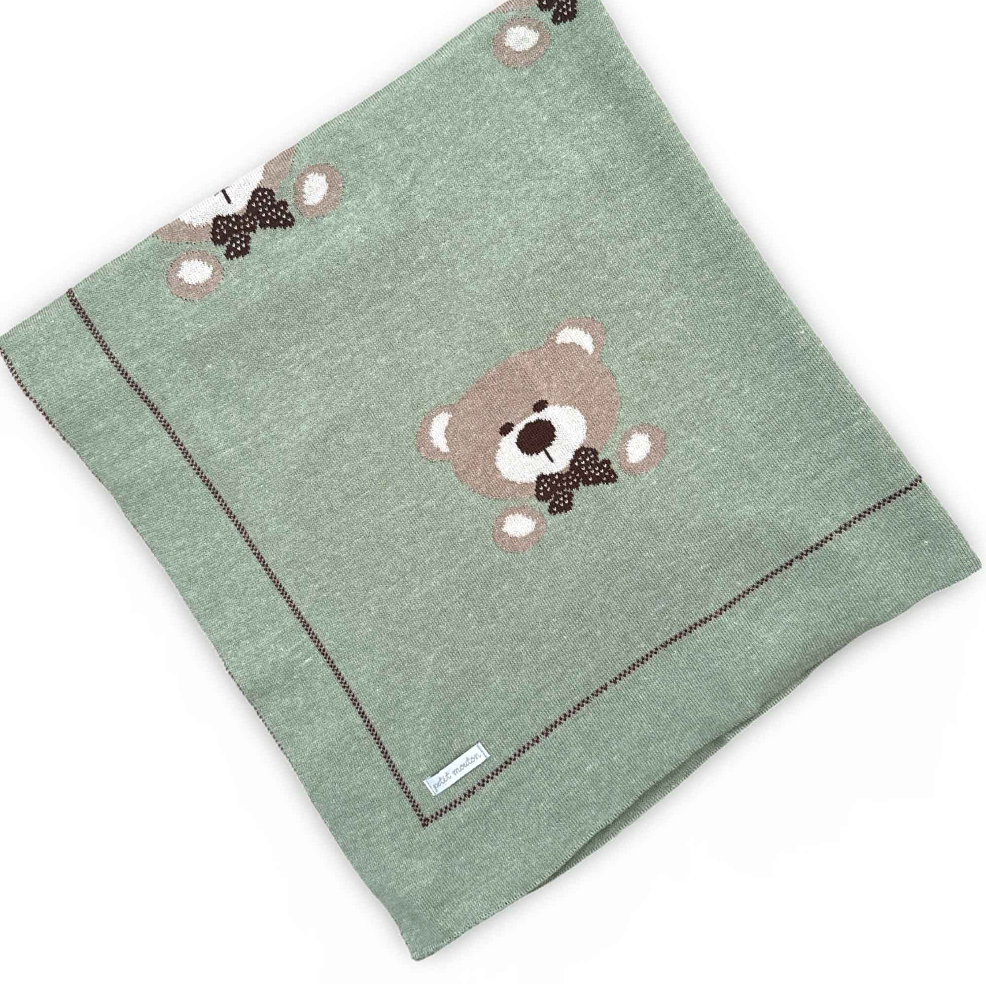 Manta em Tricô para Maternidade Urso Jacquard Verde Mescla — foto 1