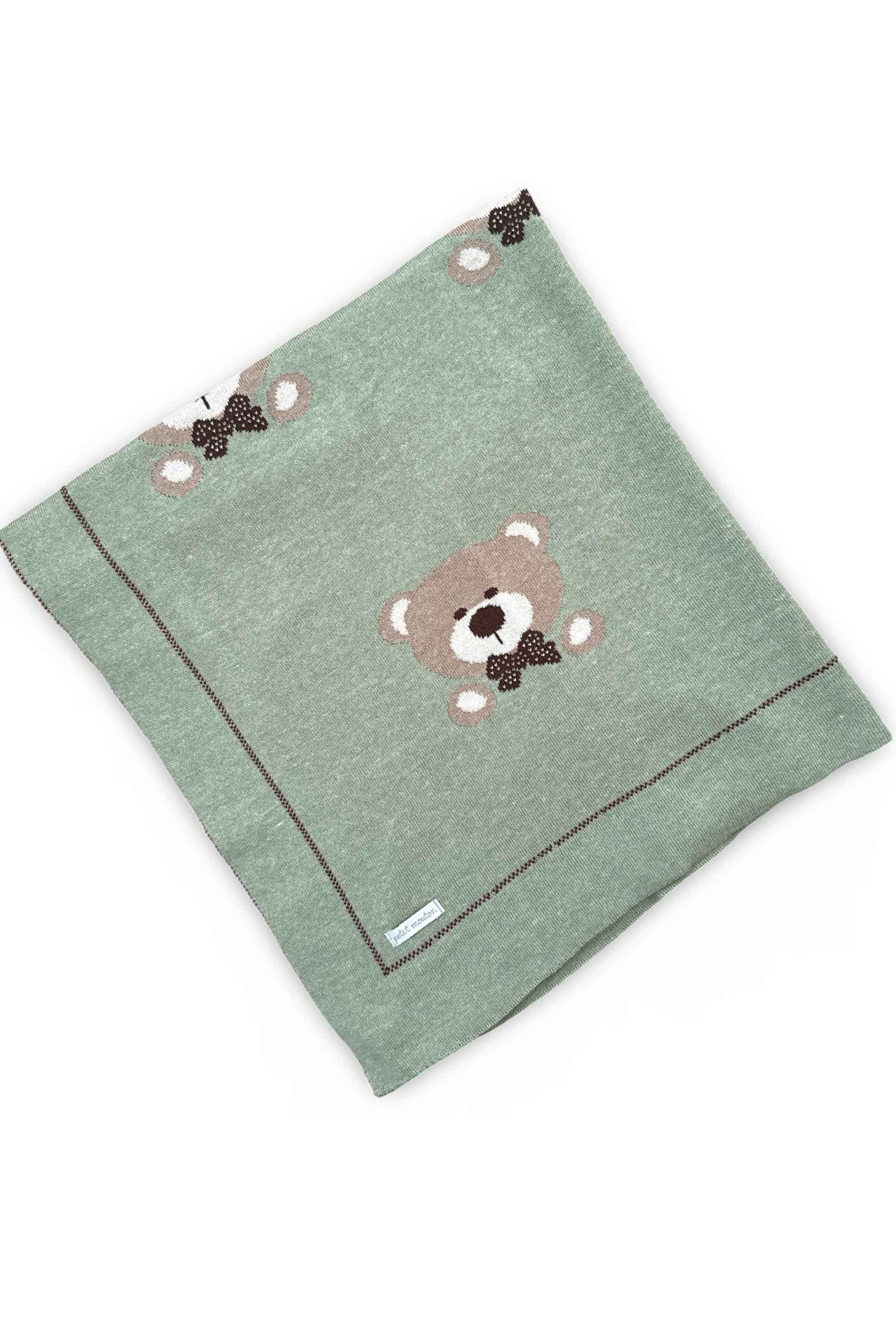 Manta em Tricô para Maternidade Urso Jacquard Verde Mescla — foto 1