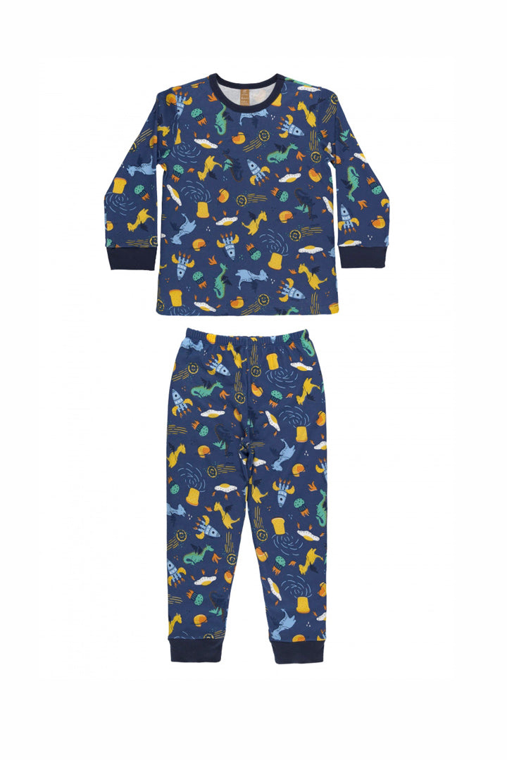 Pijama Infantil Manga Longa e Calça Estampa Foguetes Marinho — foto 2