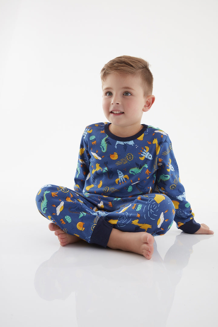 Pijama Infantil Manga Longa e Calça Estampa Foguetes Marinho — foto 1