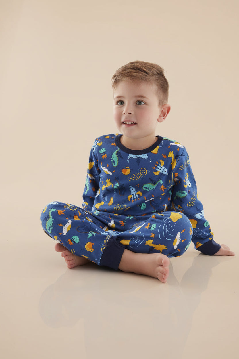 Pijama Infantil Manga Longa e Calça Estampa Foguetes Marinho — foto 1