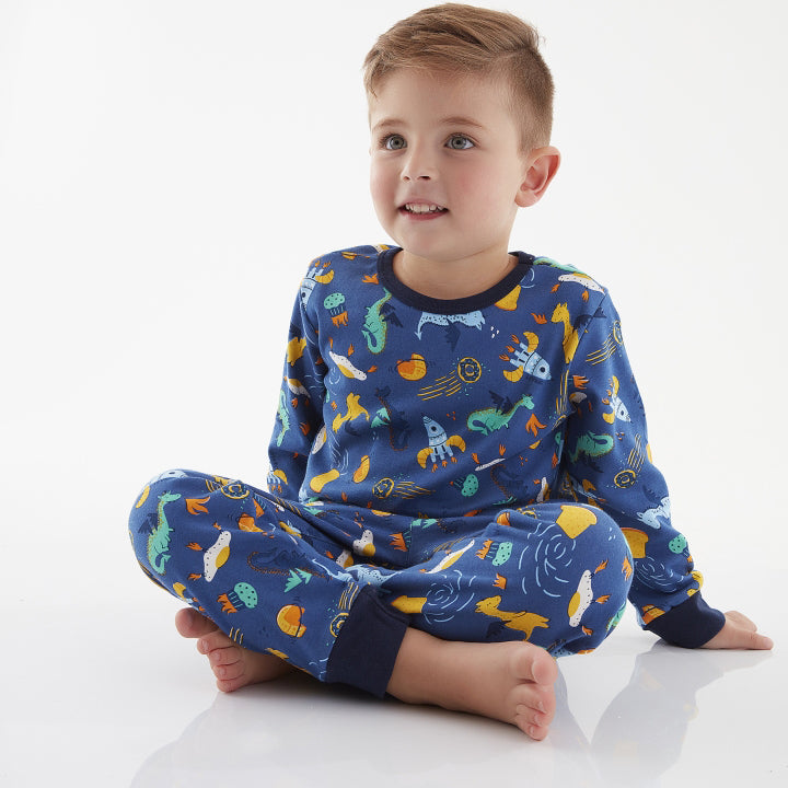 Pijama Infantil Manga Longa e Calça Estampa Foguetes Marinho — foto 1