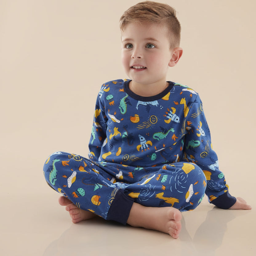 Pijama Infantil Manga Longa e Calça Estampa Foguetes Marinho — foto 1