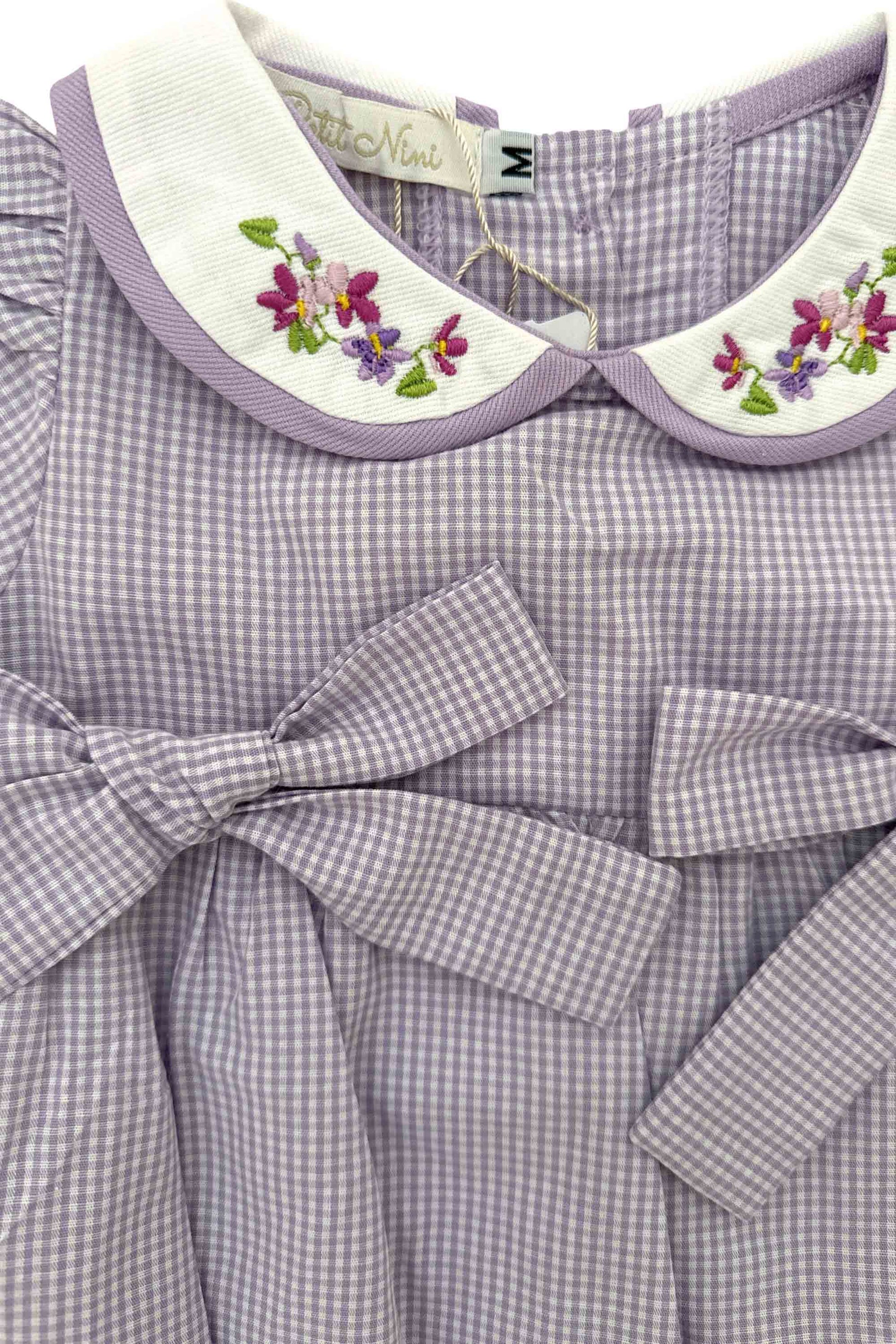 Romper para Bebê Xadrez Lilás Exclusivo Petit Nini - Gola bordada
