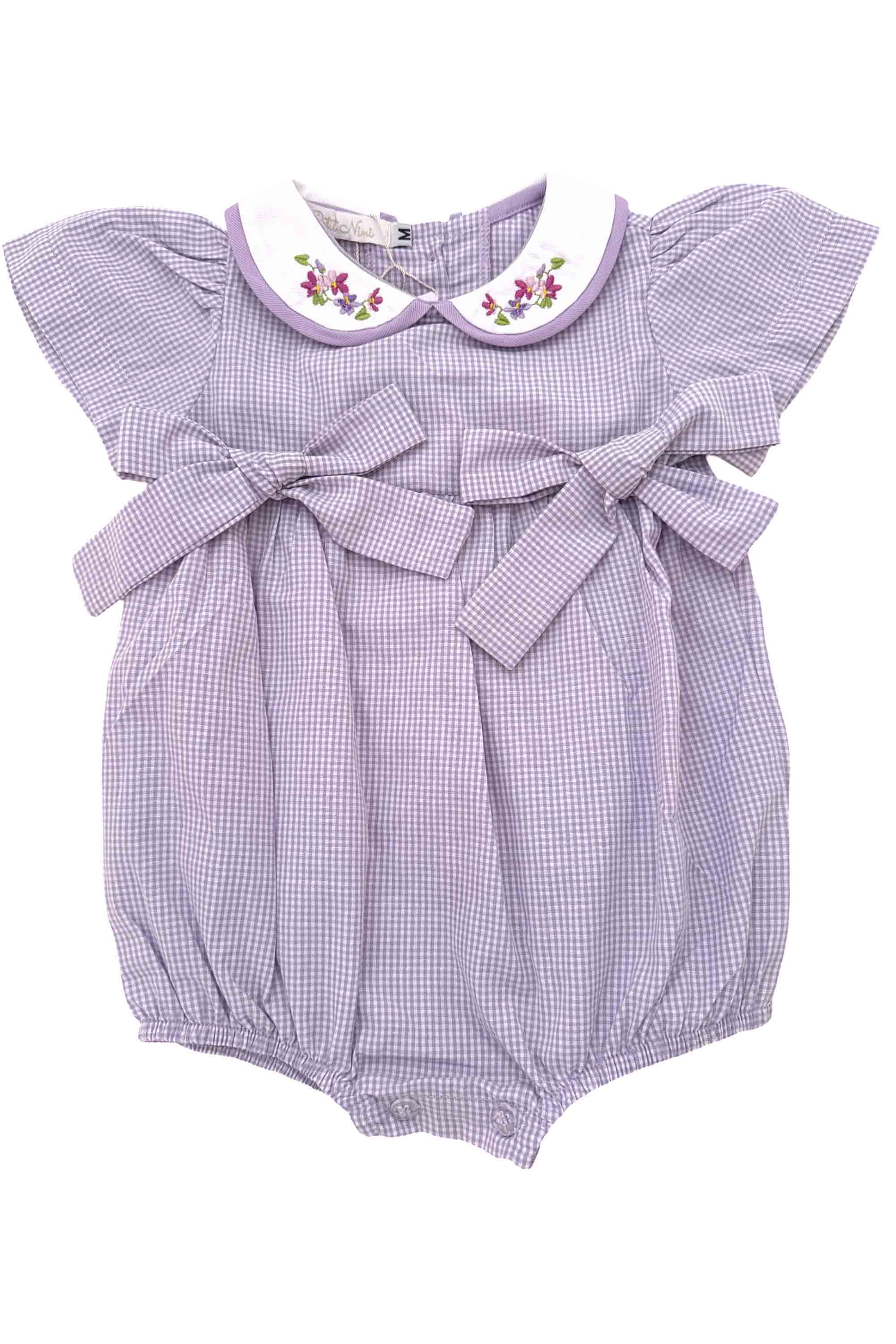 Romper para Bebê Xadrez Lilás Exclusivo Petit Nini Gola Bordada — foto 2