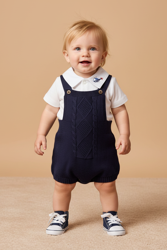 Romper Bebê Menino Azul Marinho e Tricô