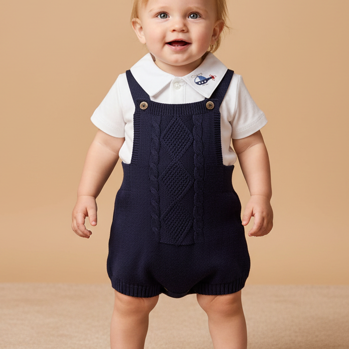Romper Bebê Menino Azul Marinho e Tricô