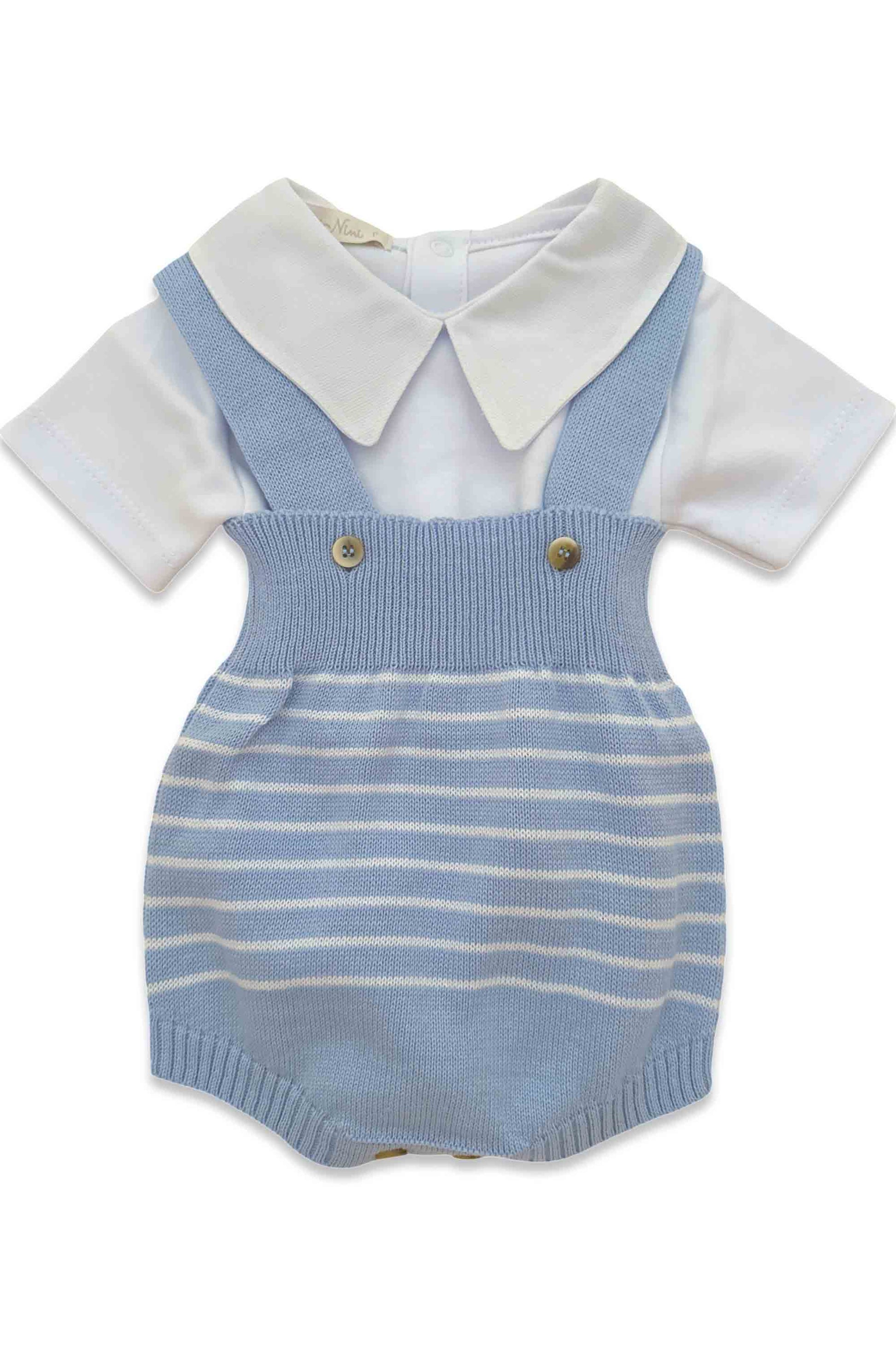 Romper em Tricô Bebê Menino Azul Claro com Listras Brancas — foto 3