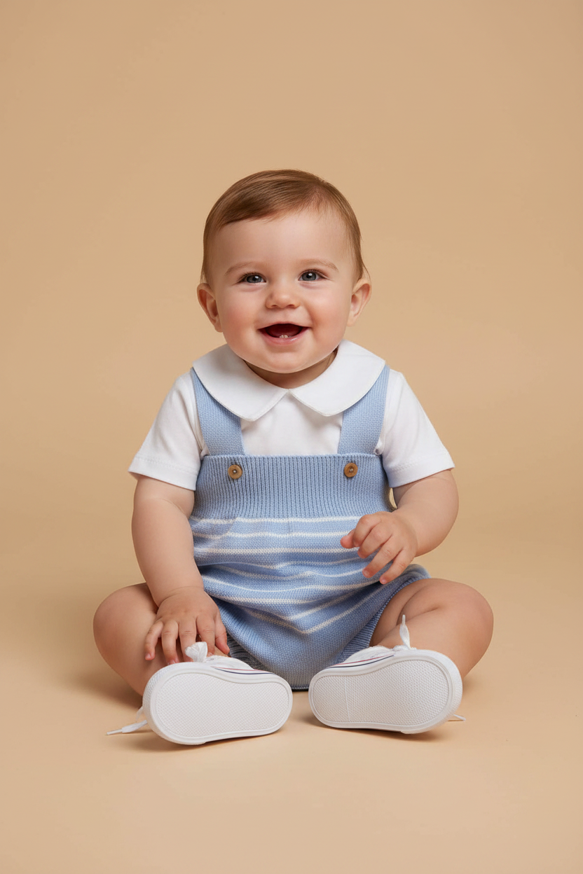 Romper em Tricô Bebê Menino Azul Claro com Listras Brancas