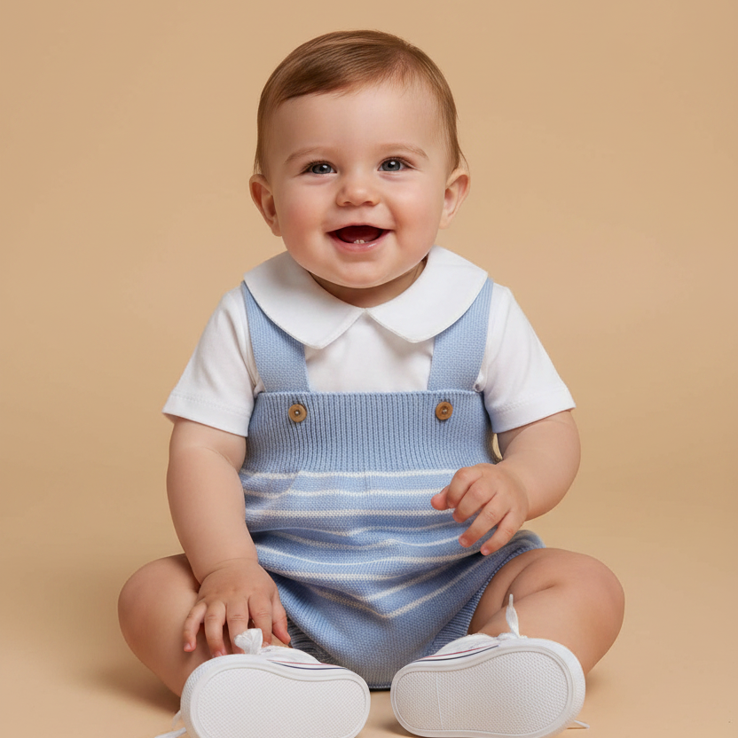 Romper em Tricô Bebê Menino Azul Claro com Listras Brancas